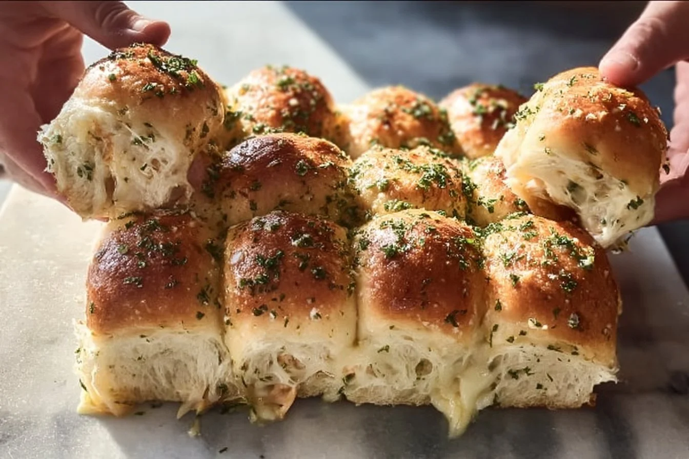 Pesto Chicken Pull Apart Sliders with fresh basil and melted cheese
