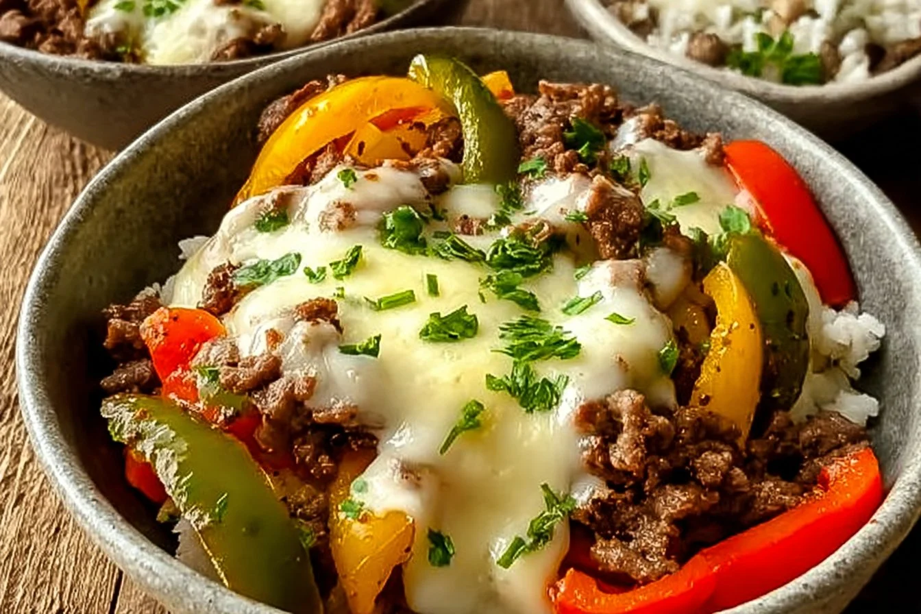 Delicious Philly Cheesesteak Bowl topped with peppers and melted cheese