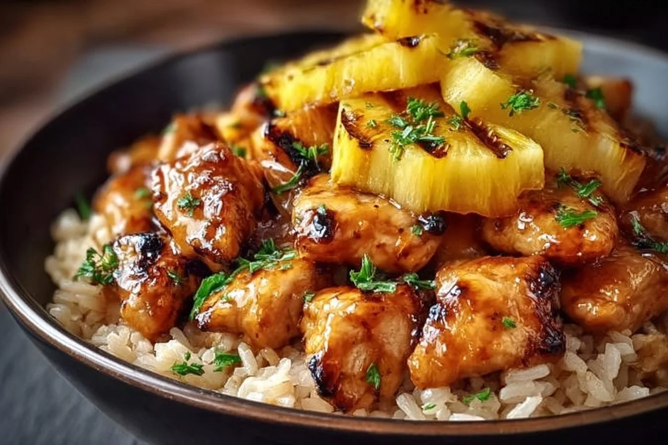 Delicious Pineapple Chicken served with fluffy rice on a plate