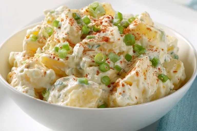 Delicious homemade potato salad in a bowl with herbs and dressing