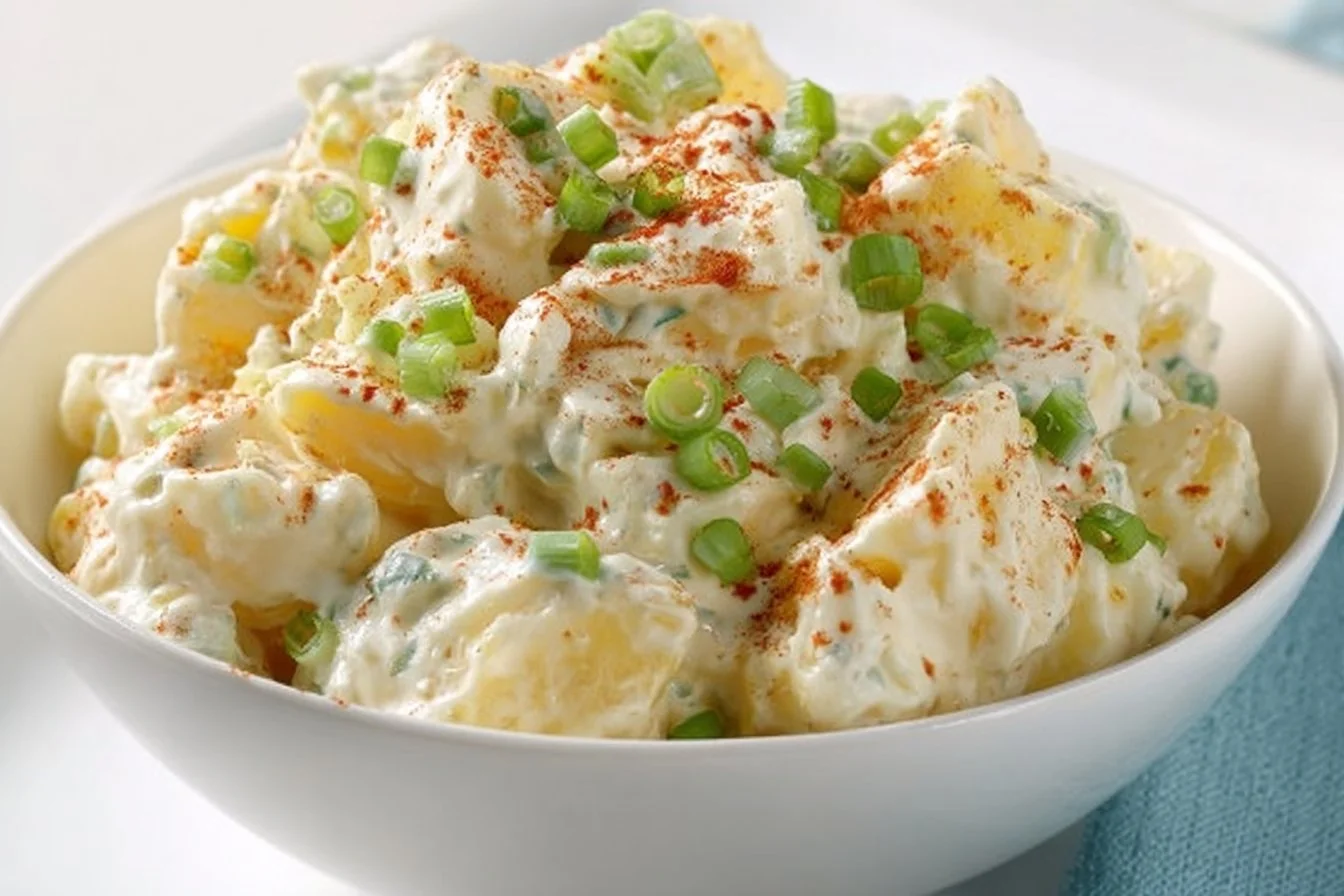 Delicious homemade potato salad in a bowl with herbs and dressing