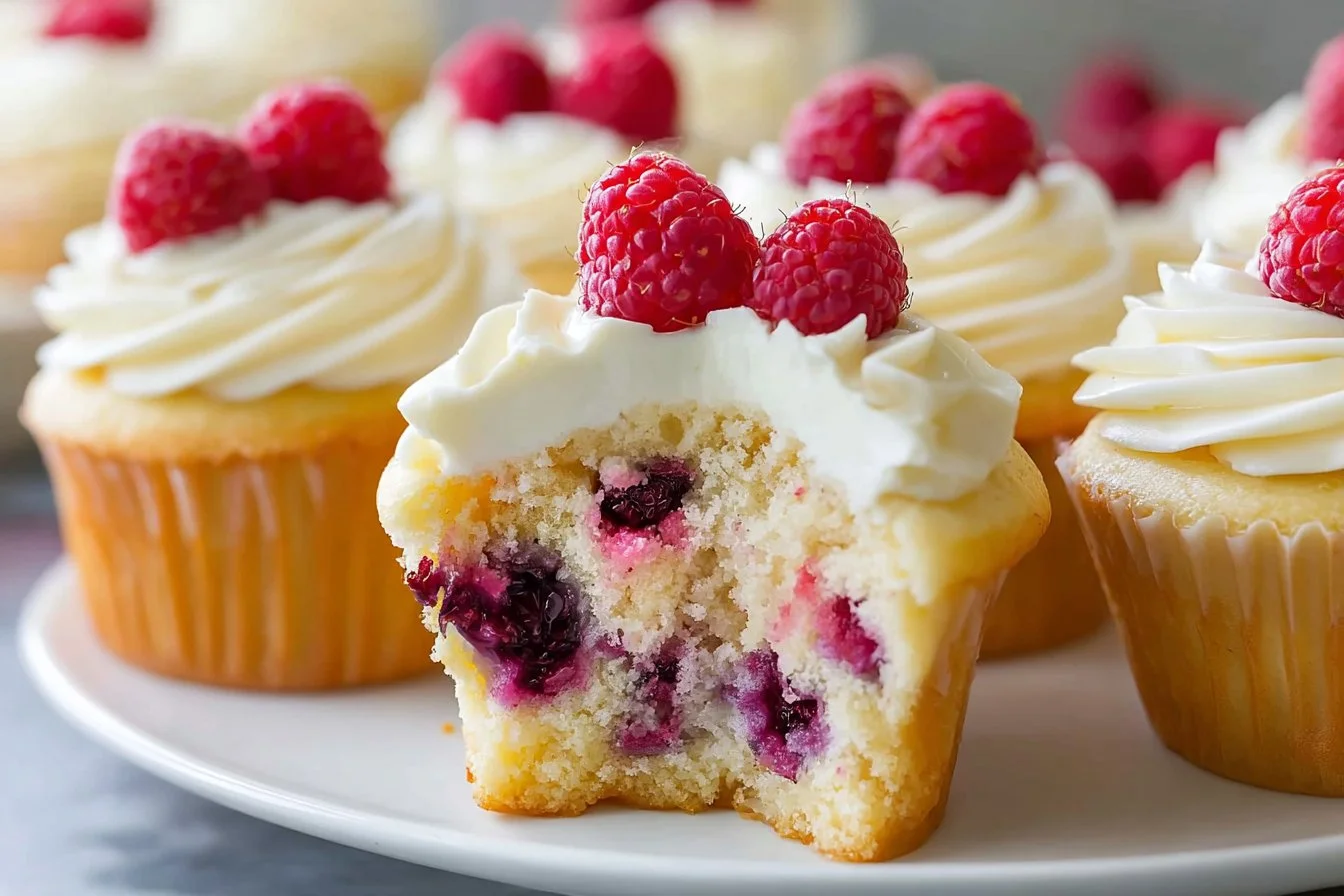 Raspberry Lemon Cupcakes decorated with fresh raspberries and lemon zest