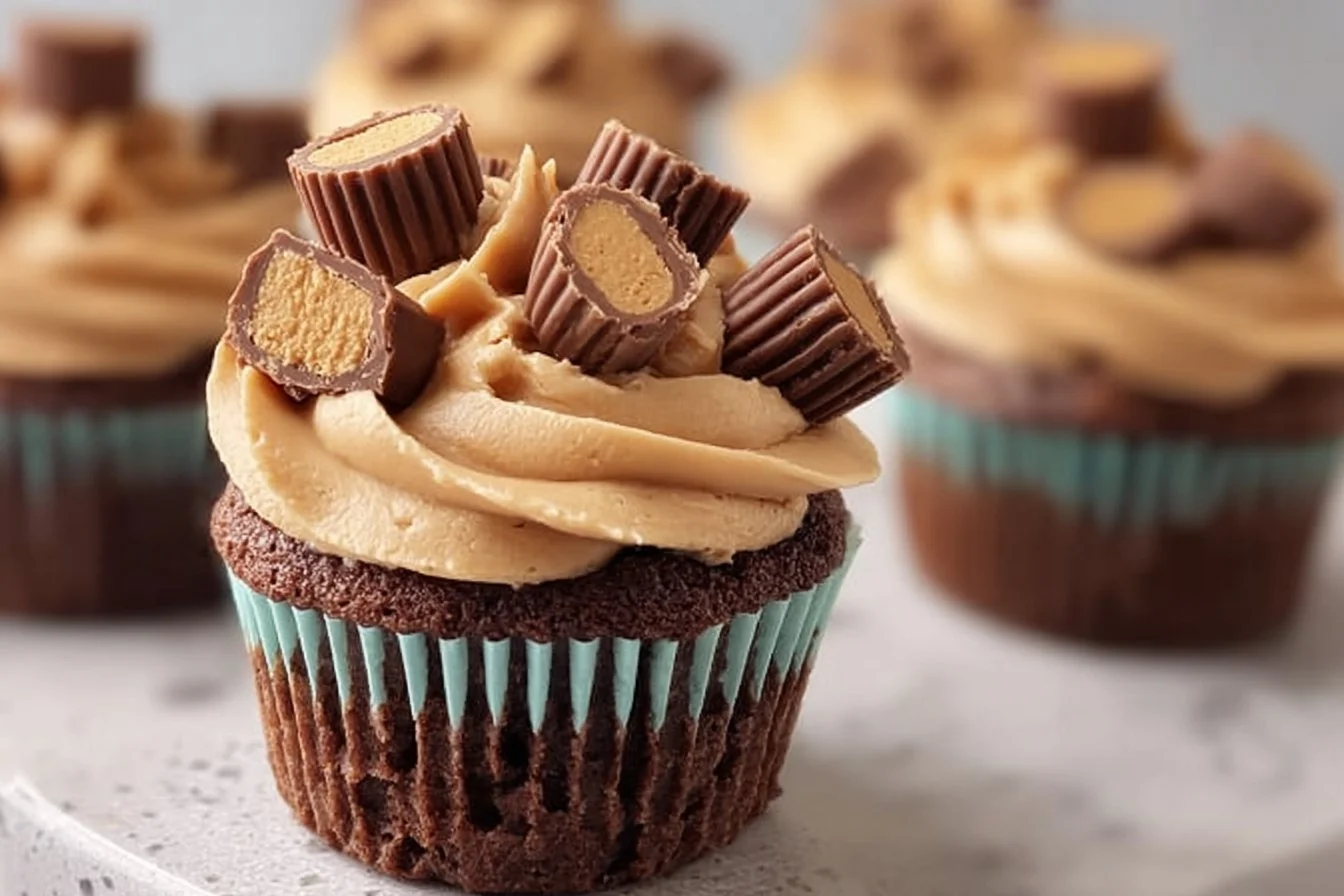 Delicious Reese’s Peanut Butter Cupcakes topped with chocolate and peanut butter frosting