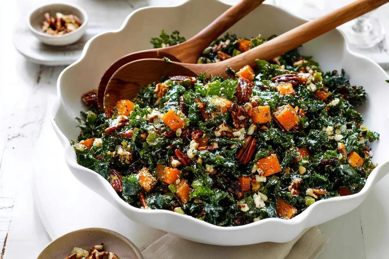Roasted sweet potato kale salad with vibrant colors and healthy ingredients