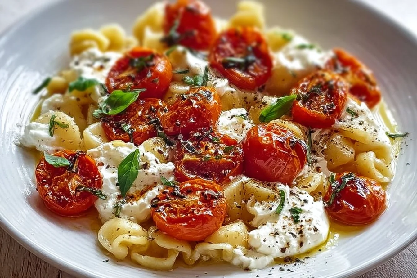 Bowl of Roasted Tomato and Garlic Ricotta Pasta garnished with fresh basil