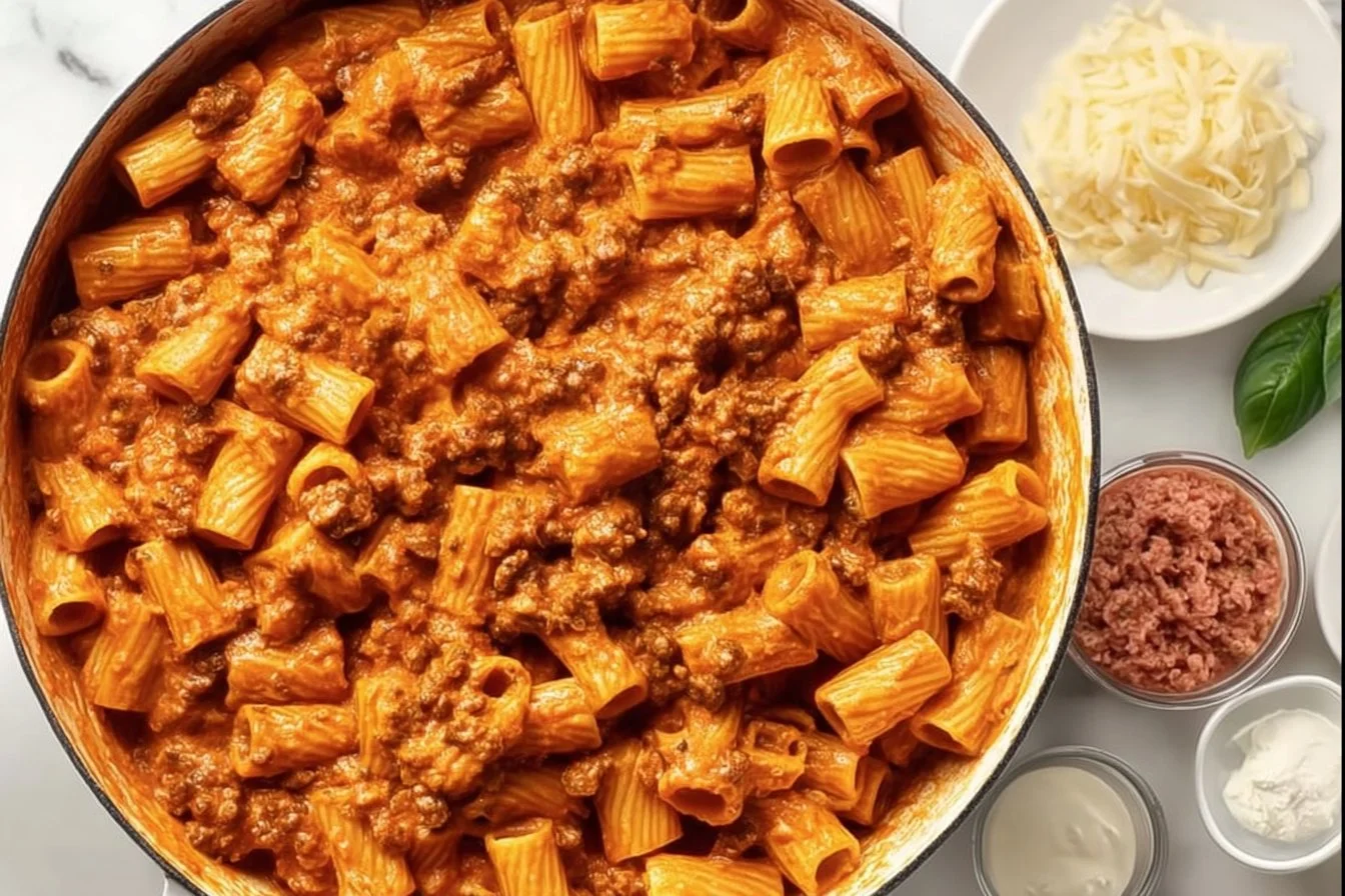 Plate of flavorful Sausage Rigatoni Pasta garnished with herbs