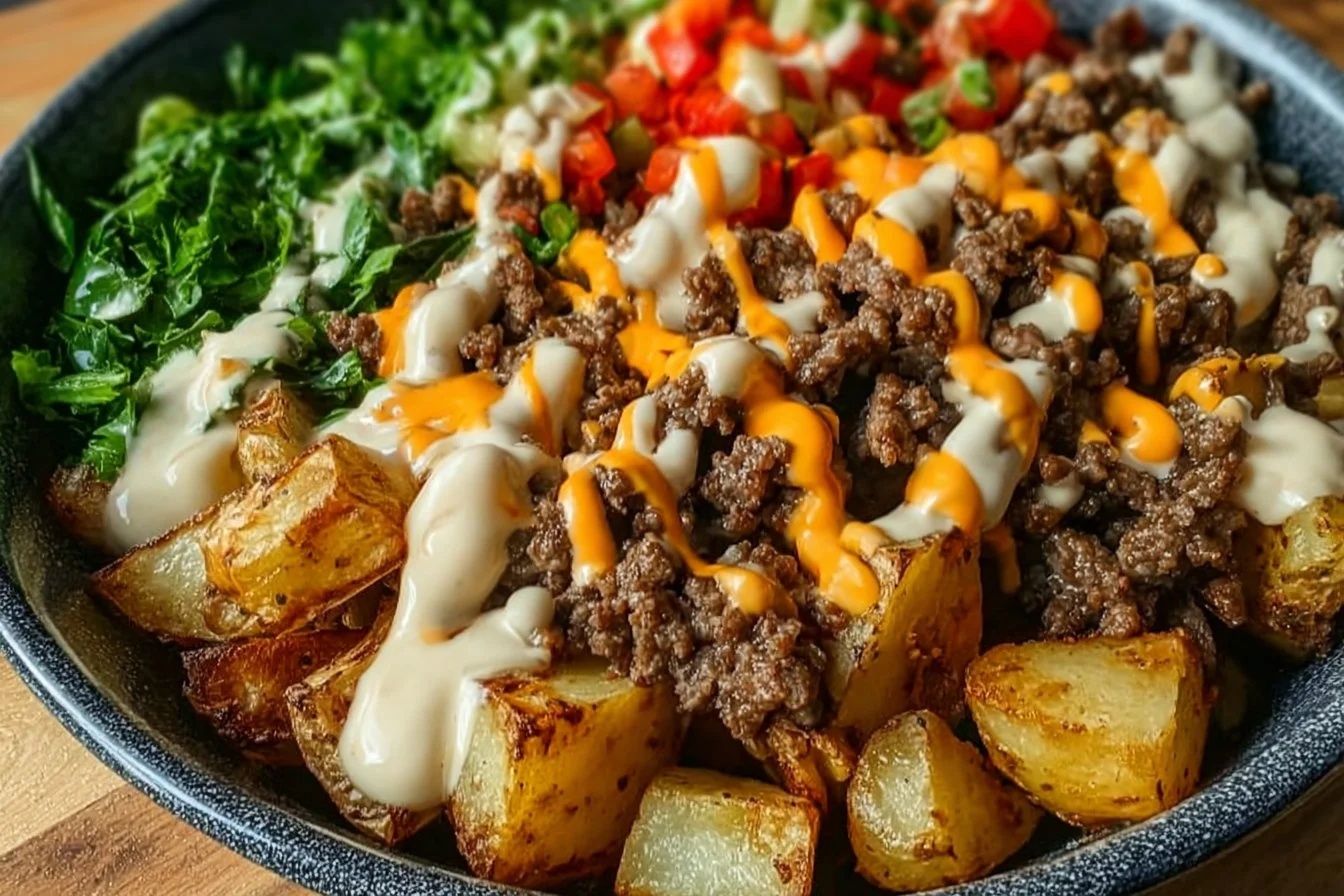 Savory smash burger bowl with fresh toppings and delicious ingredients