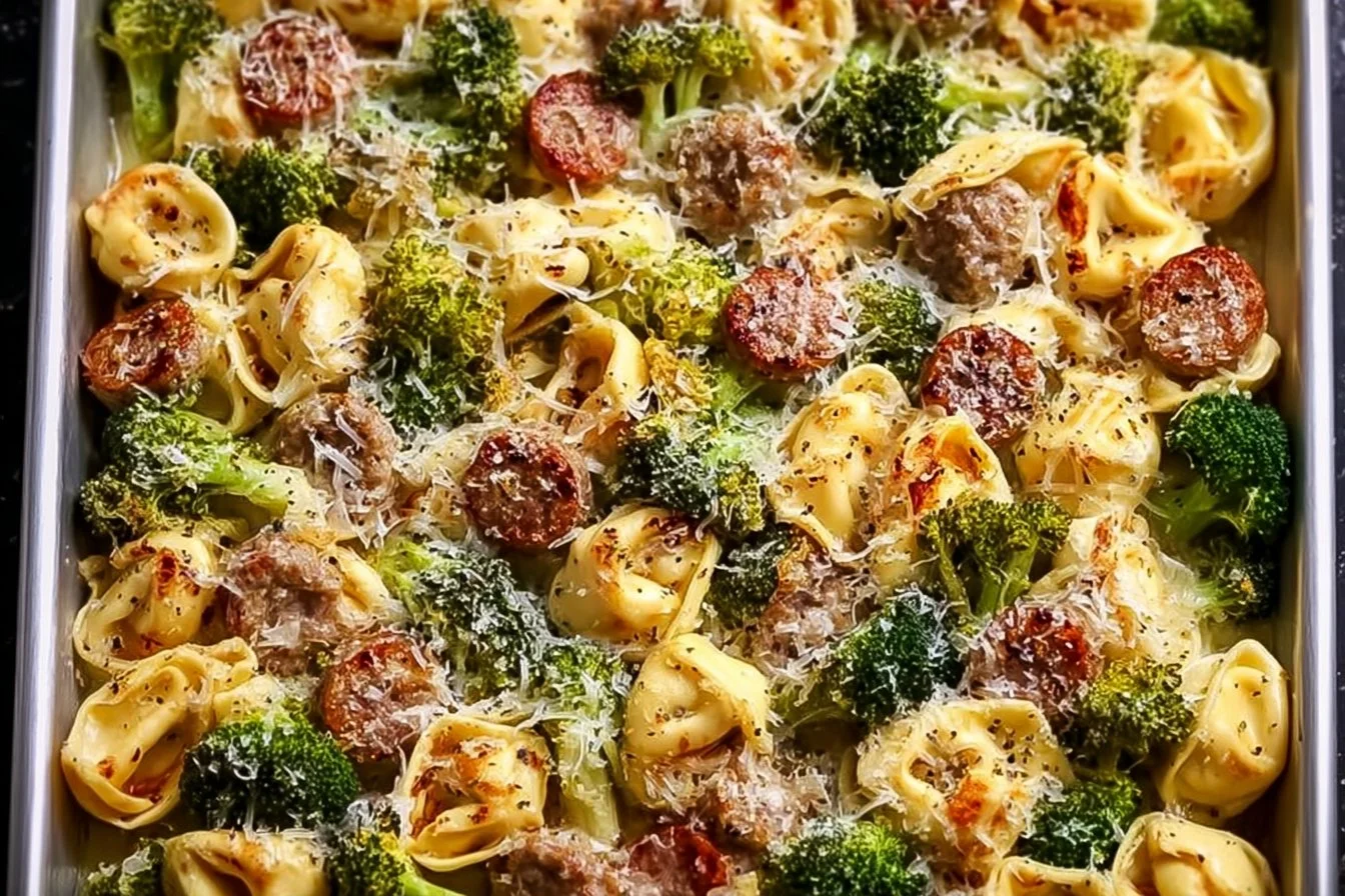 Sheet Pan Broccoli Tortellini Bake with veggies and cheese
