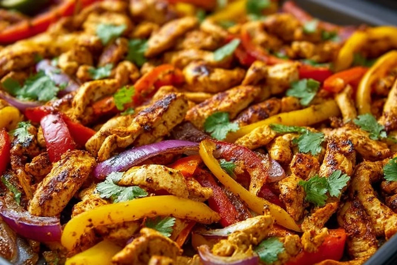 Sheet pan chicken fajitas with colorful peppers and spices, perfect weeknight dinner