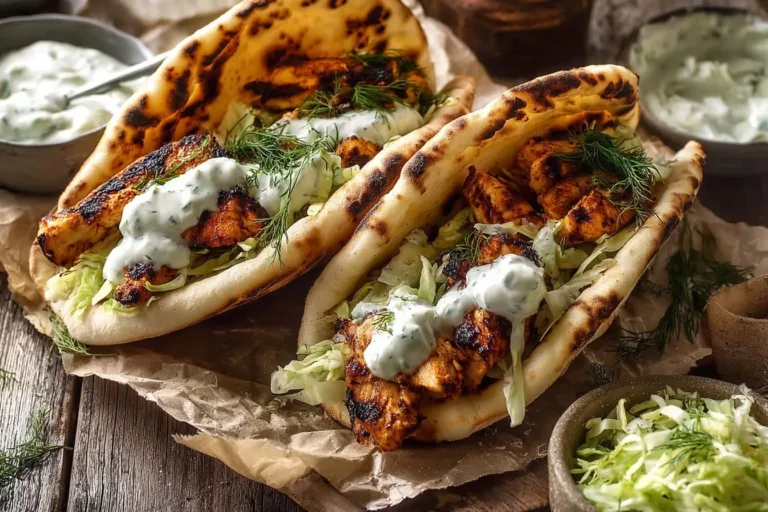 Sheet pan chicken pitas with herby ranch served on a colorful plate