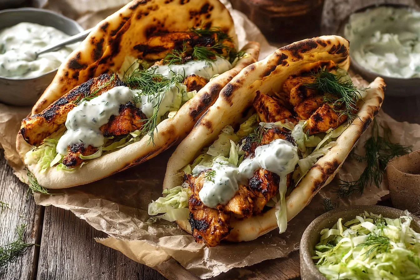 Sheet pan chicken pitas with herby ranch served on a colorful plate