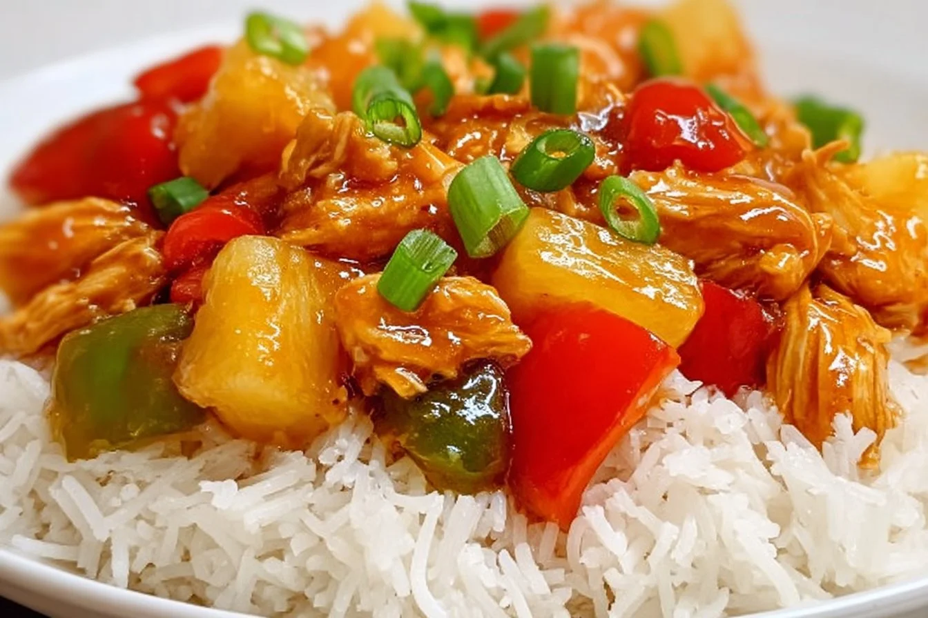 Slow cooked pineapple chicken served in a bowl with fresh ingredients