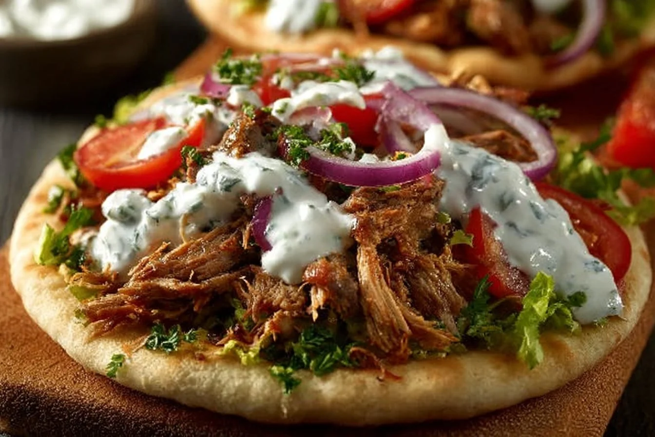 Slow Cooker Chicken Gyros served with fresh tzatziki sauce and garnishes.