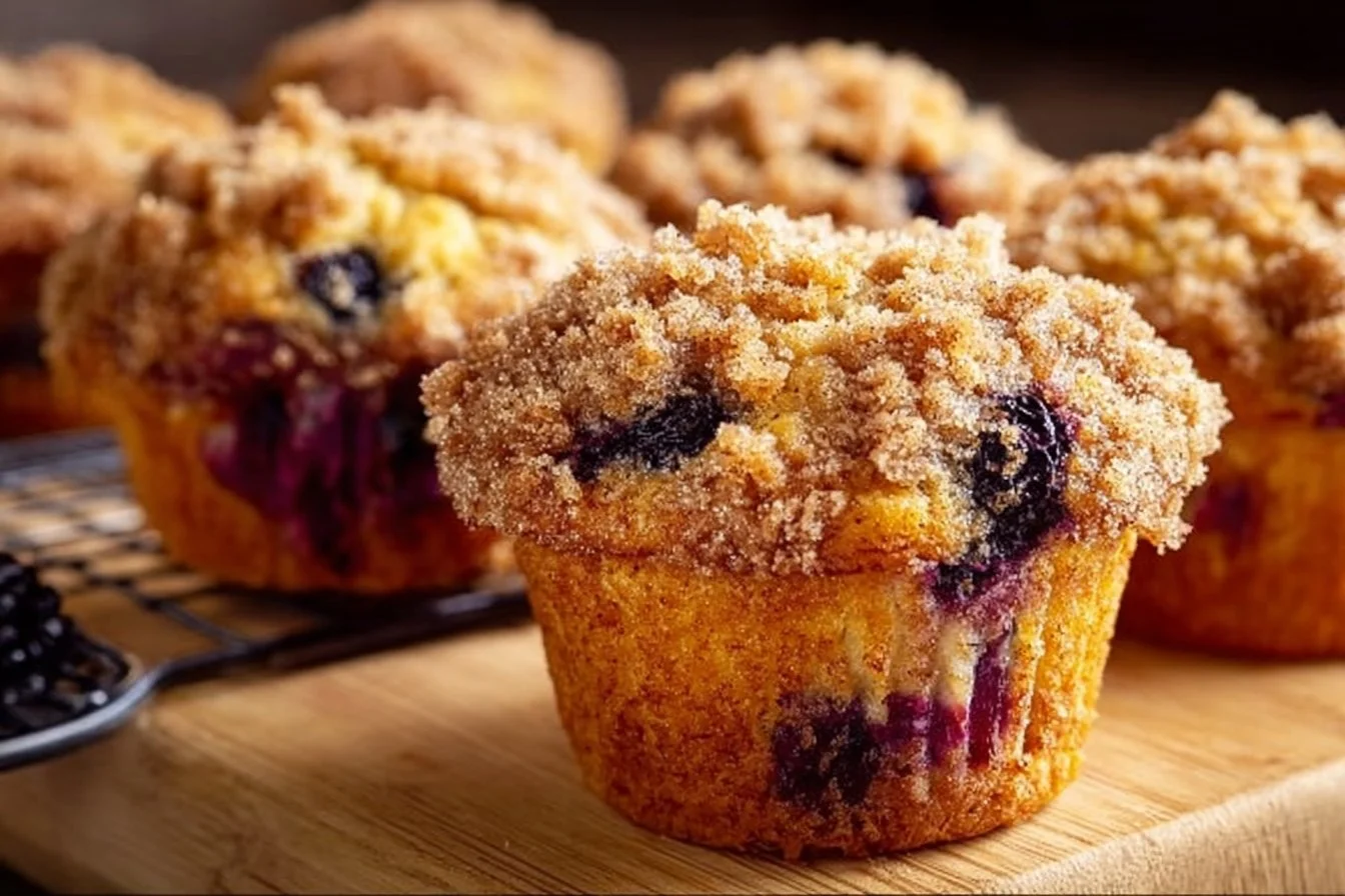 Freshly baked soft blackberry muffins topped with streusel.