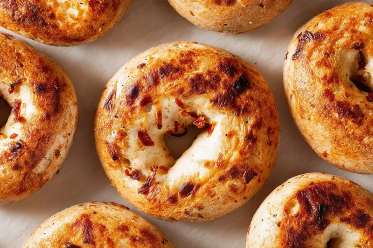 Freshly baked Sourdough Sun Dried Tomato Bagels on a wooden board