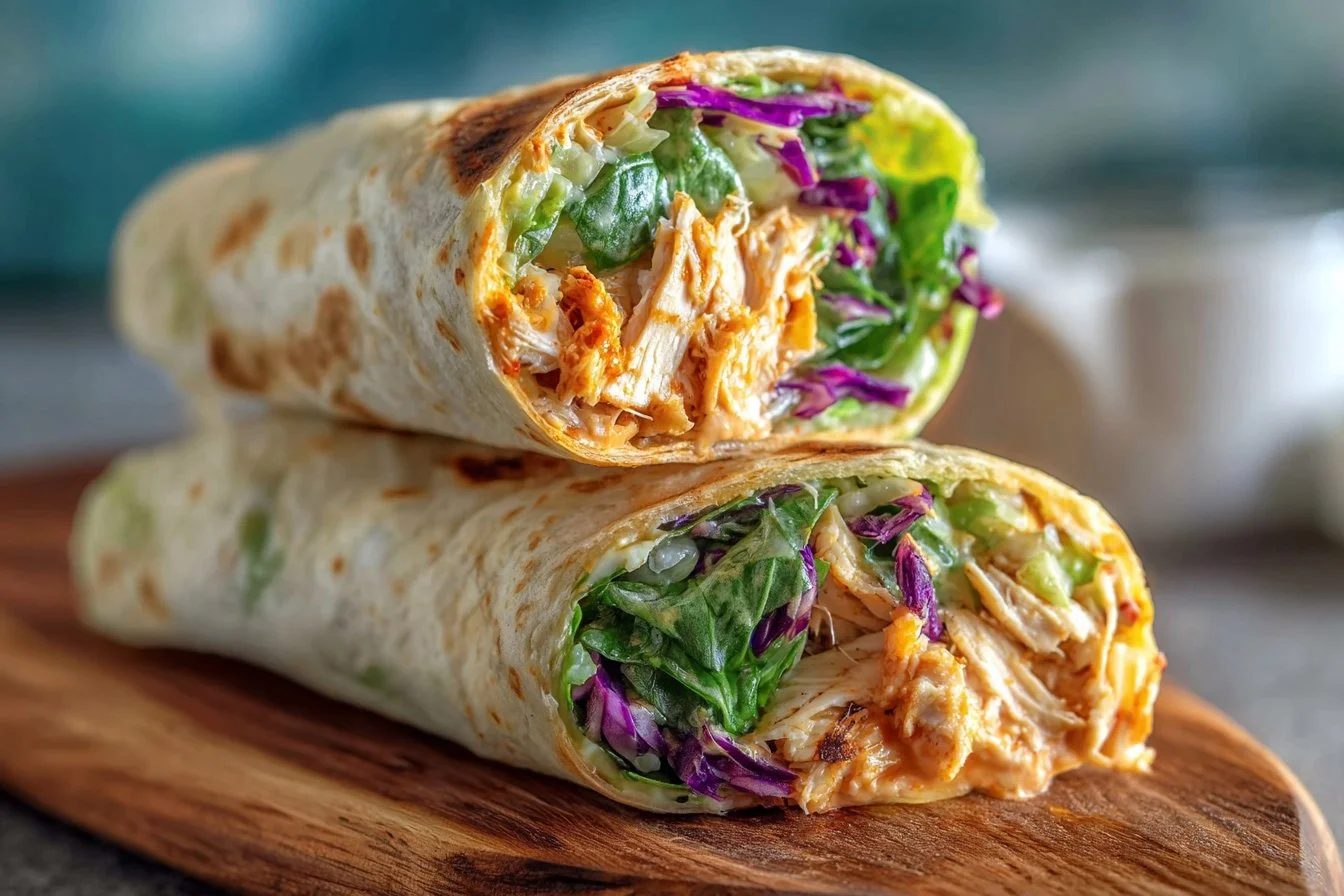 Spicy Buffalo Chicken Wraps served on a plate with garnish