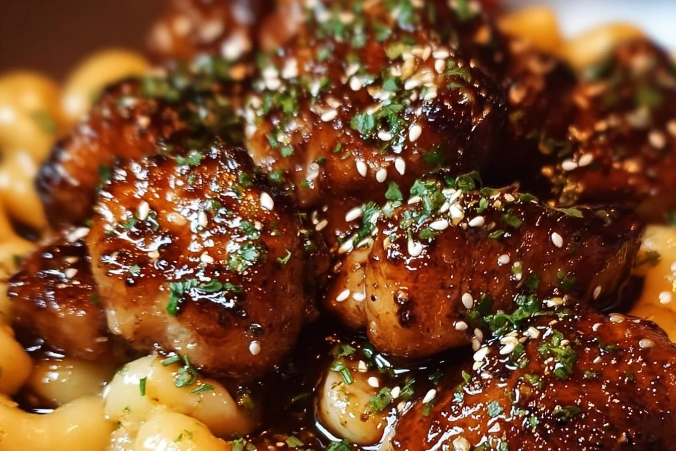 Delicious plate of spicy honey pepper chicken garnished with herbs