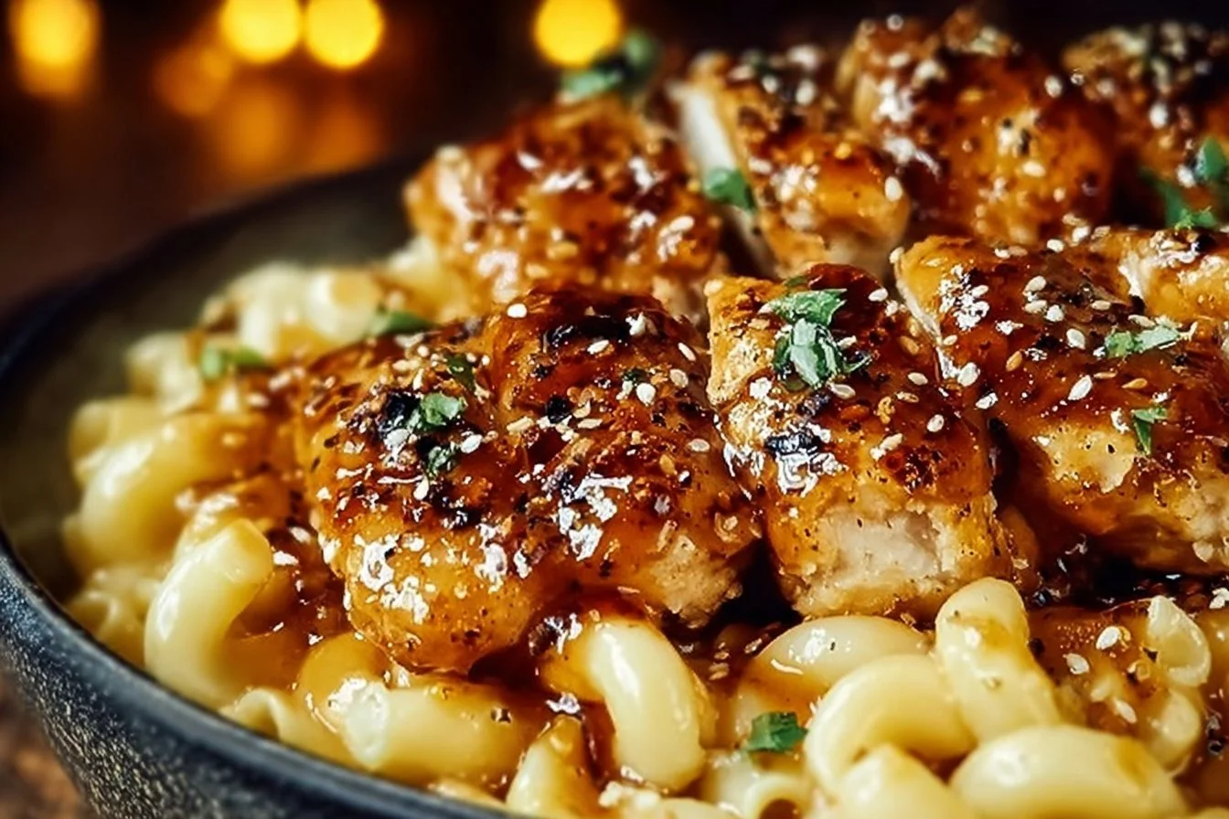 Sweet and Spicy Honey Pepper Chicken with Creamy Mac and Cheese