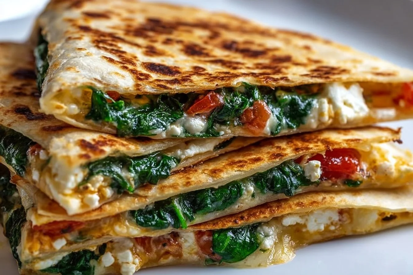 Spinach and feta quesadillas served on a plate, garnished with herbs