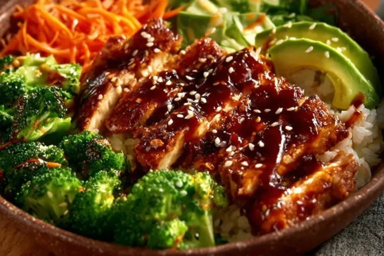 Delicious Sticky Chicken Bowl with colorful vegetables and rice