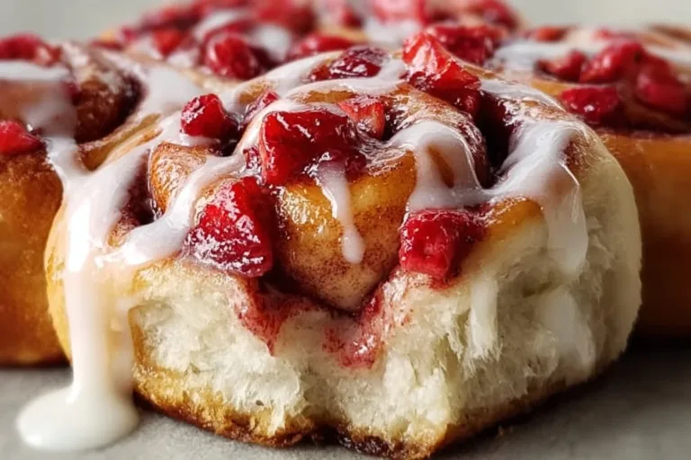 Freshly baked strawberry cinnamon rolls topped with icing and strawberries