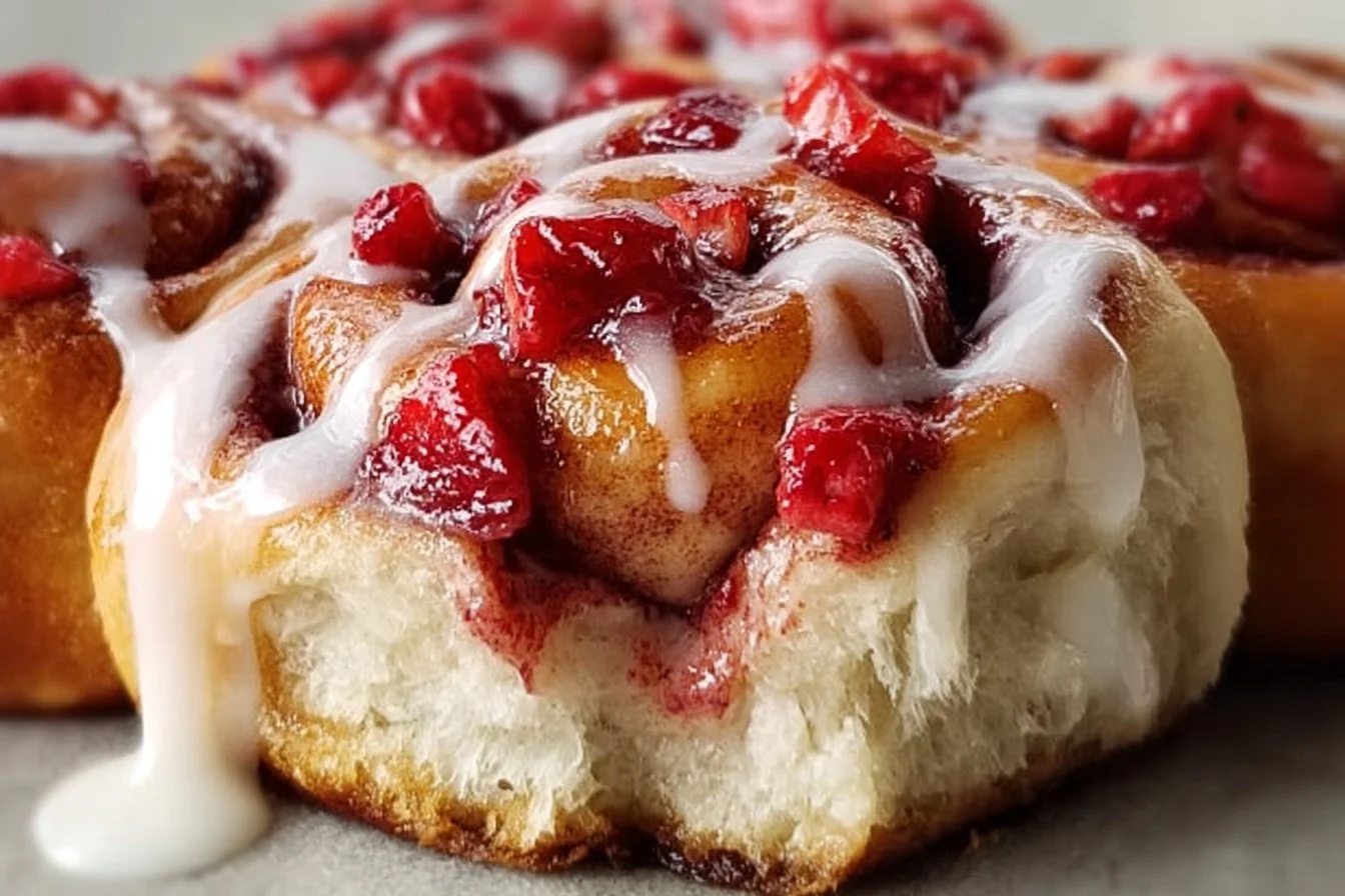 Freshly baked strawberry cinnamon rolls topped with icing and strawberries