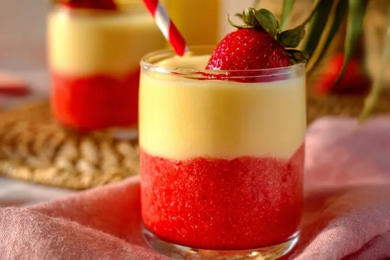 Strawberry Pina Colada served in a tropical setting with fresh strawberries and coconut.