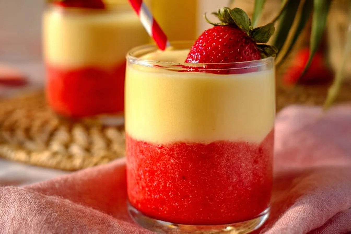 Strawberry Pina Colada served in a tropical setting with fresh strawberries and coconut.