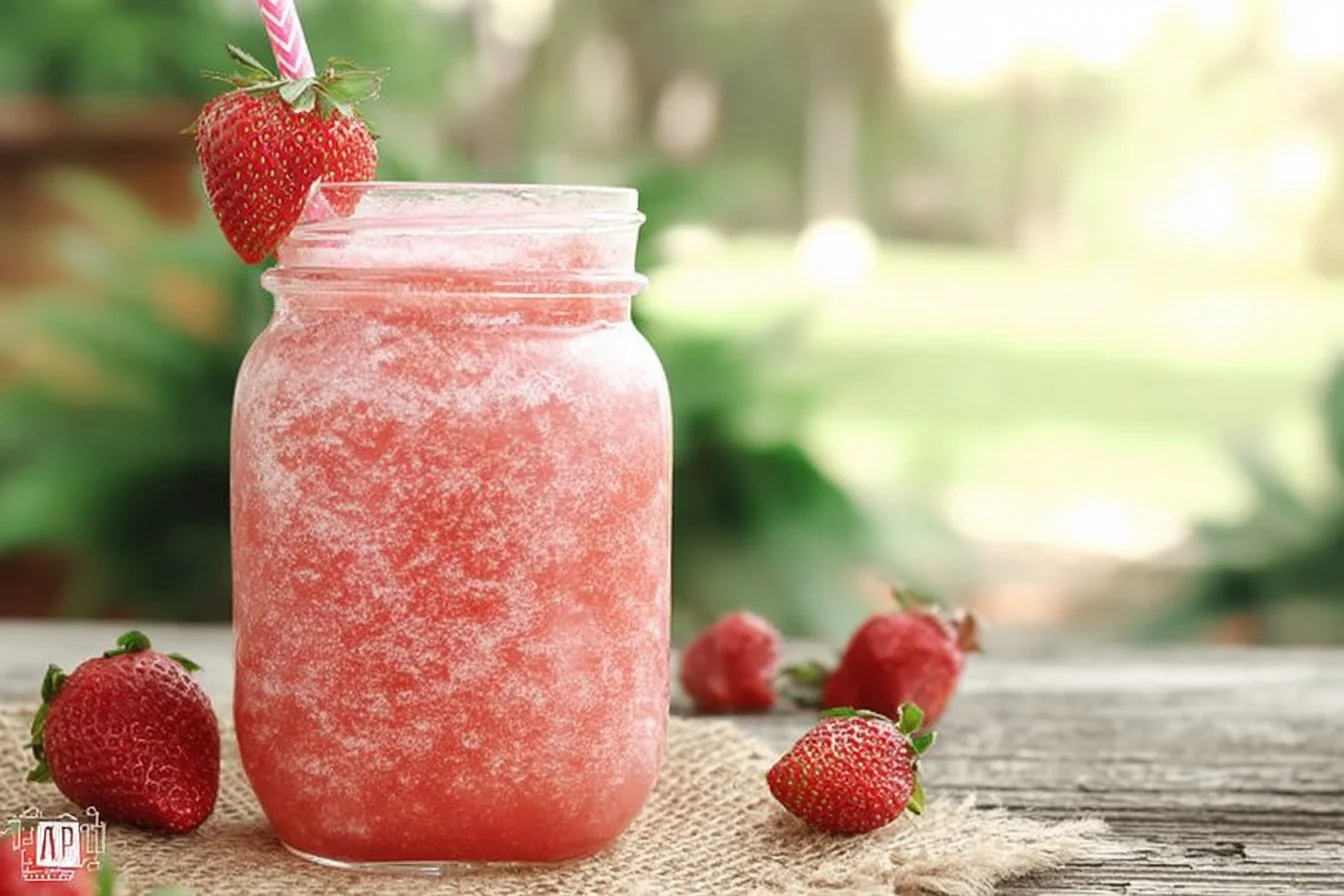 Strawberry pineapple sorbet smoothie topped with fresh fruit in a glass