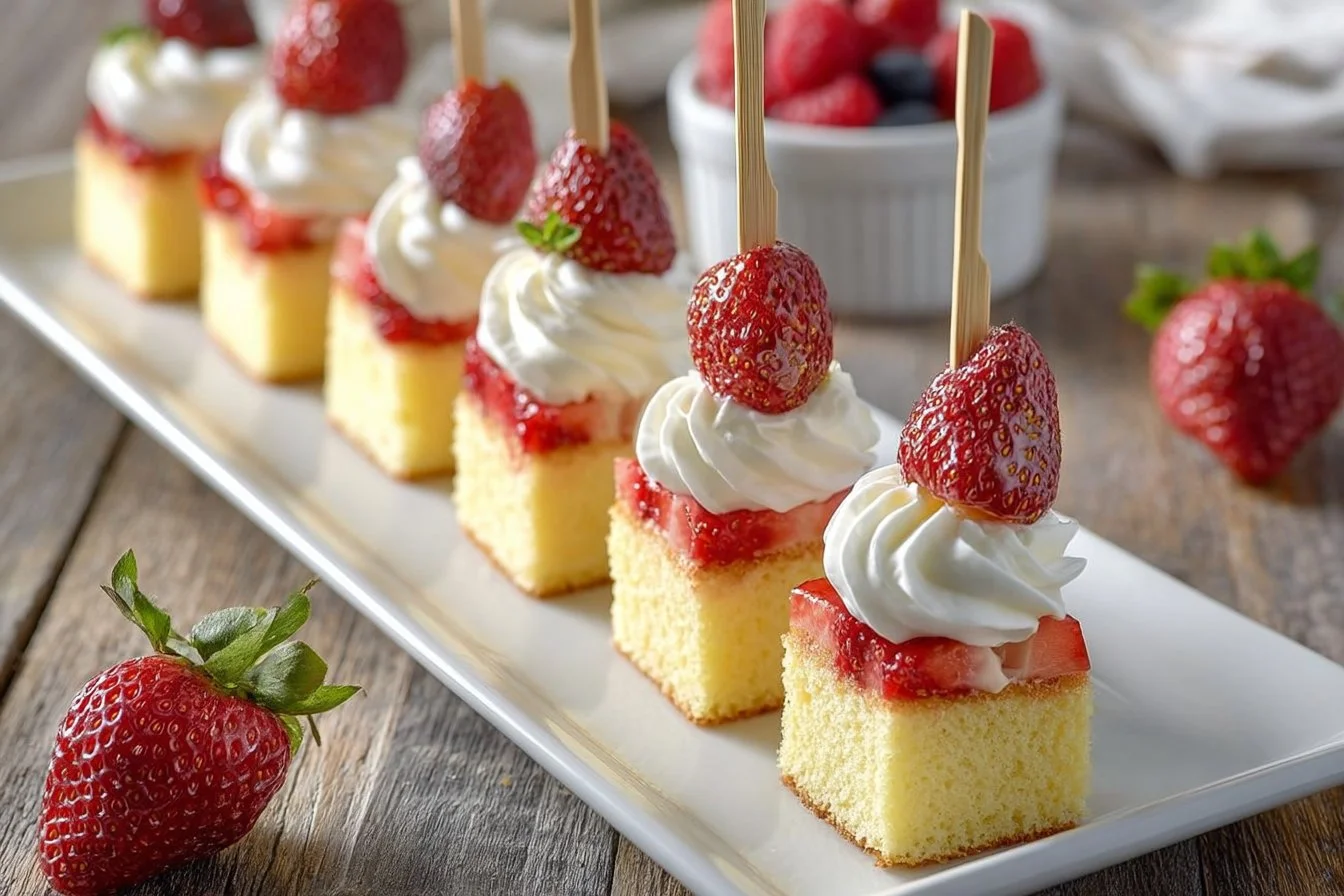 Strawberry Shortcake Kabobs with fresh strawberries, cake chunks, and whipped cream.