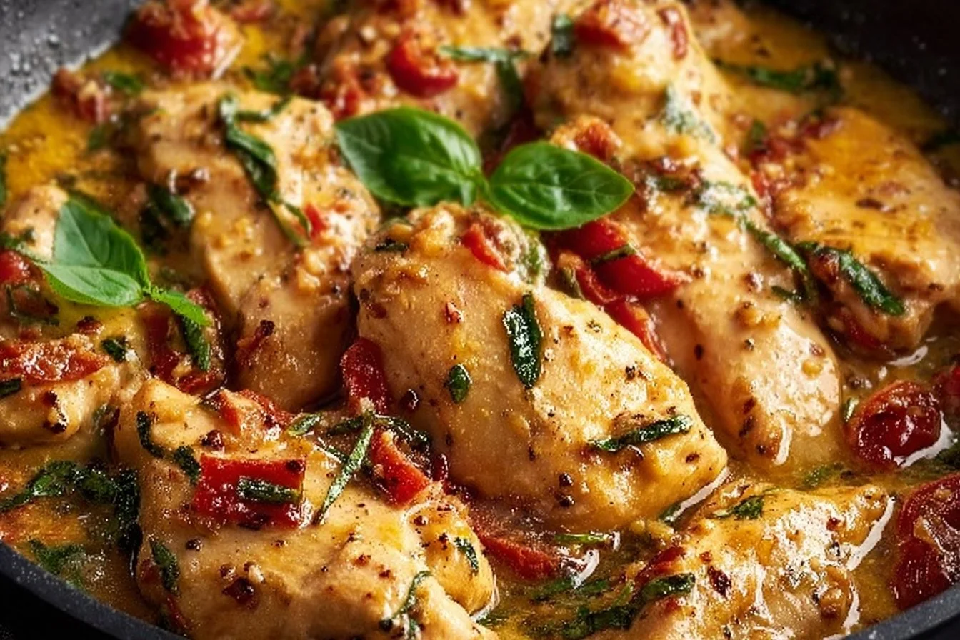 Delicious sun-dried tomato and basil chicken plate garnished with herbs