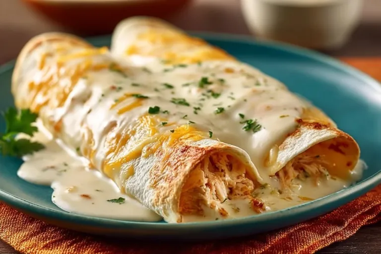 Delicious white rotisserie chicken enchiladas topped with cheese and herbs