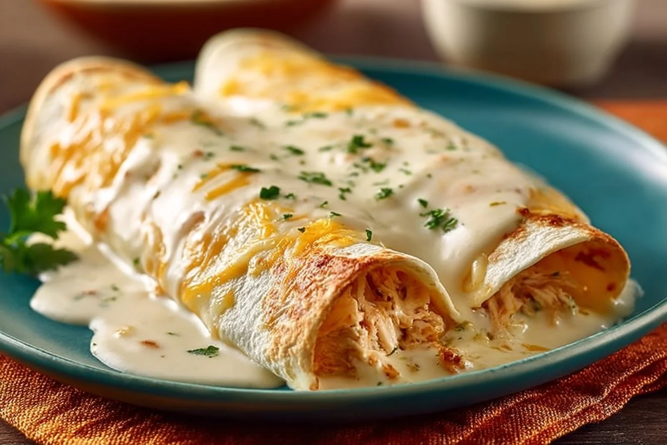 Delicious white rotisserie chicken enchiladas topped with cheese and herbs