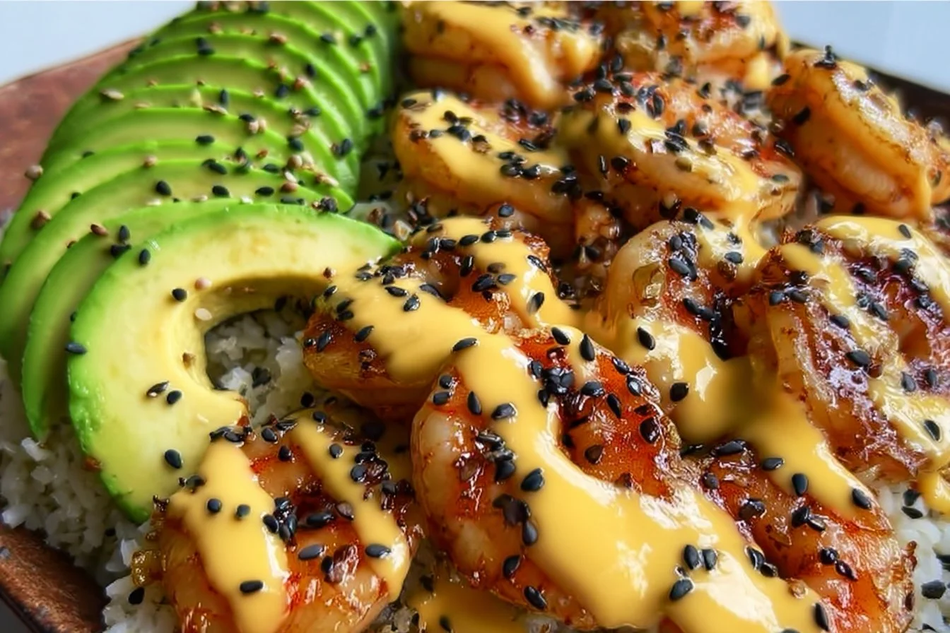 Delicious teriyaki shrimp rice bowls with vegetables and drizzled sauce.