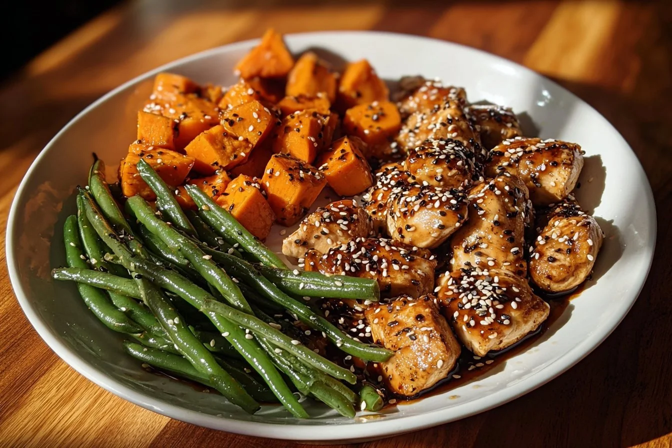 Delicious honey garlic chicken plated with fresh herbs and vegetables