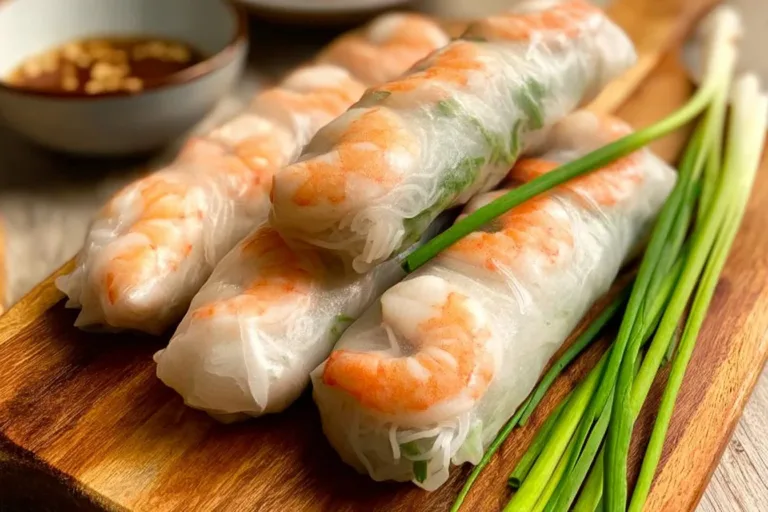 Vietnamese spring rolls served with creamy peanut sauce on a plate.