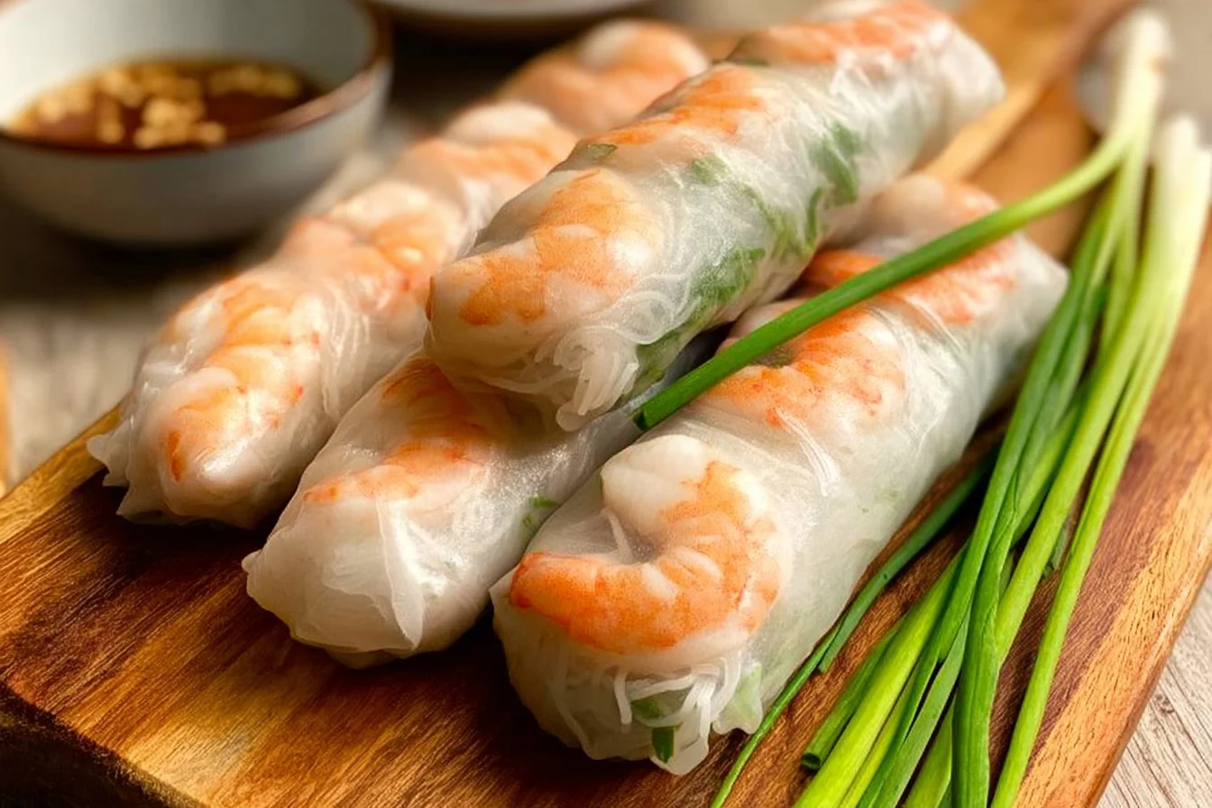 Vietnamese spring rolls served with creamy peanut sauce on a plate.