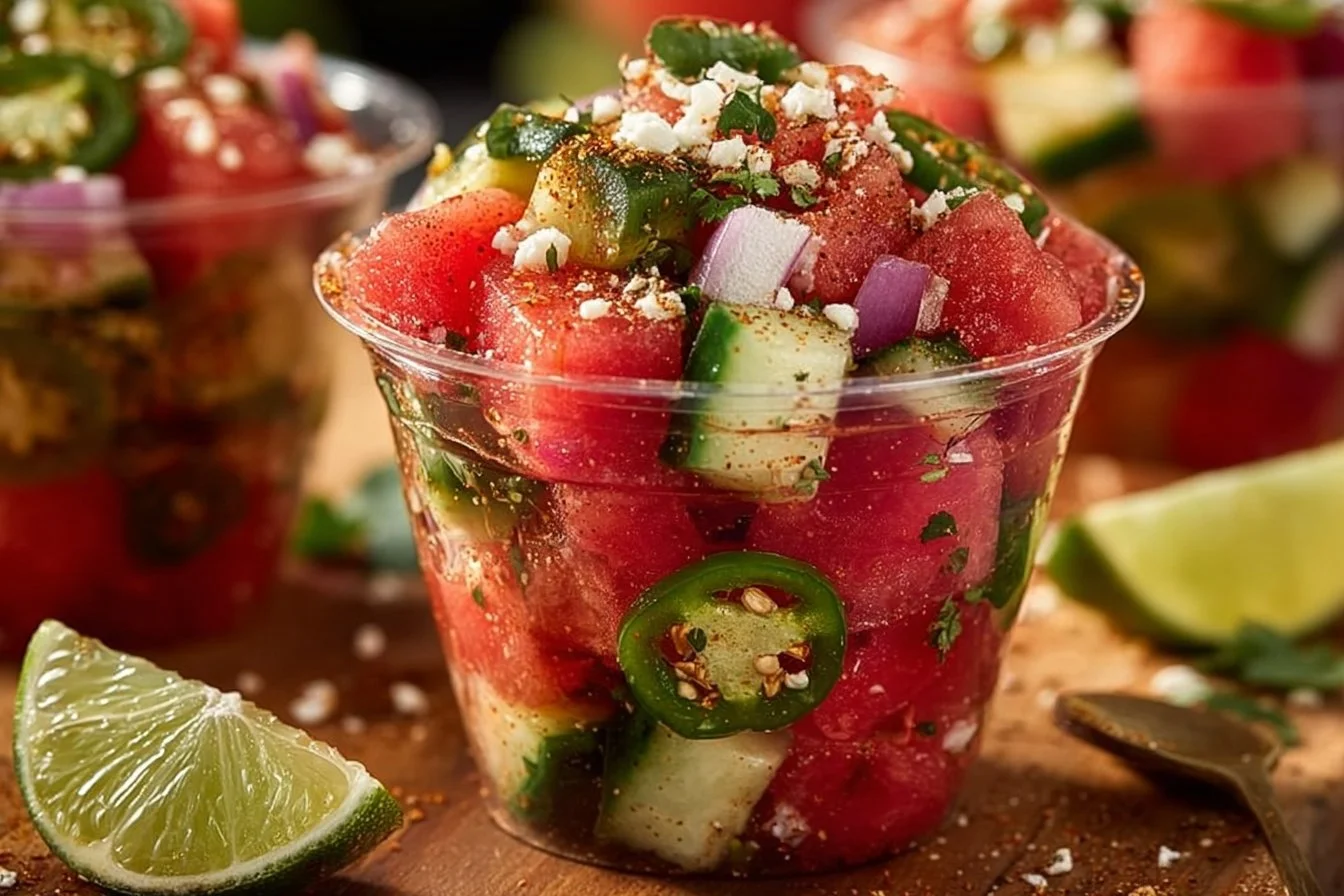 Watermelon Tajín Pickle Crunch Cups served in a clear bowl with fresh ingredients