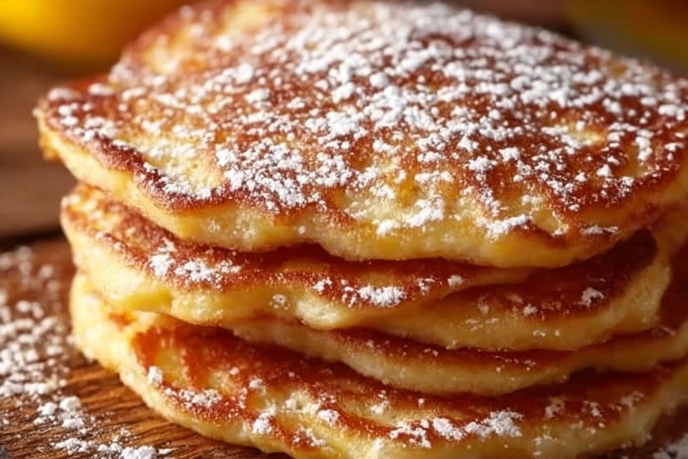 Delicious stack of Apple Yogurt Pancakes topped with fresh apples and syrup