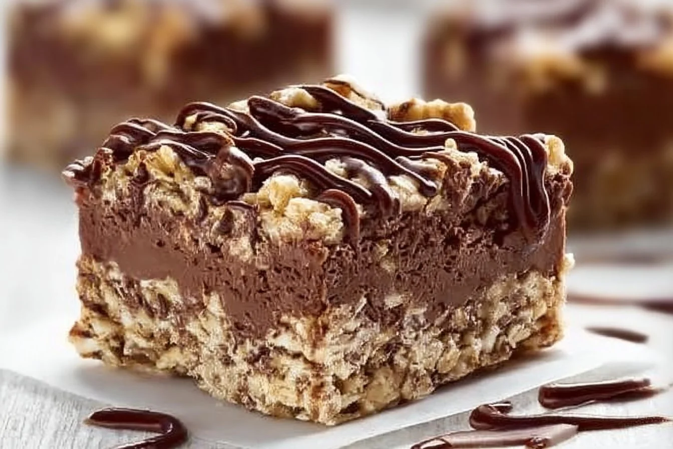 Delicious no bake chocolate oatmeal bars on a wooden plate
