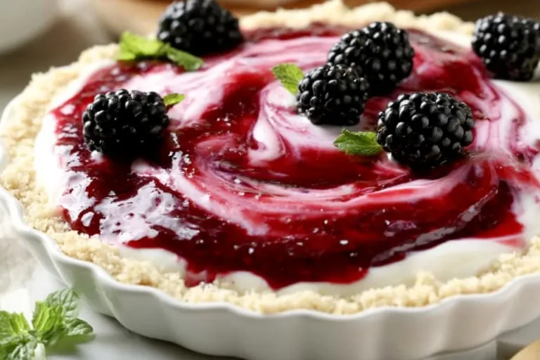 Delicious slice of Blackberry Lemonade Pie with fresh blackberries