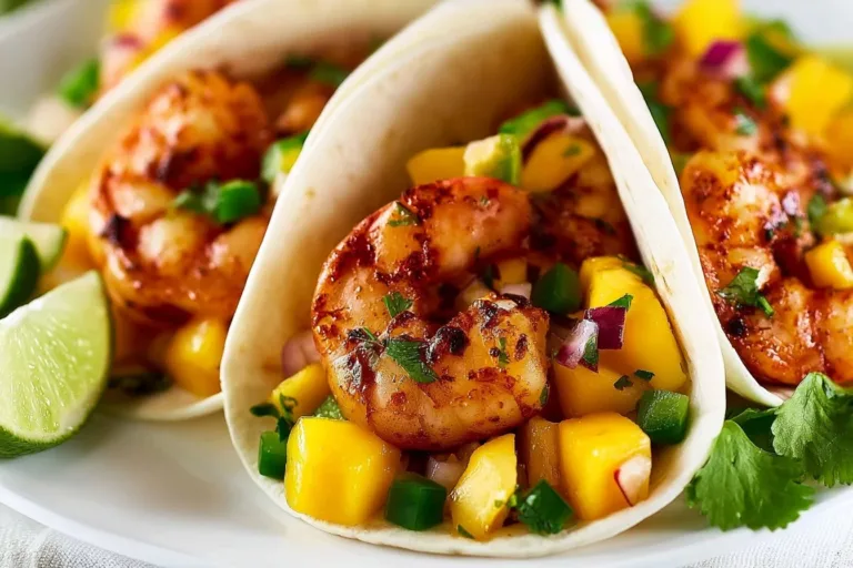 Blackened shrimp tacos garnished with colorful dragonfruit salsa