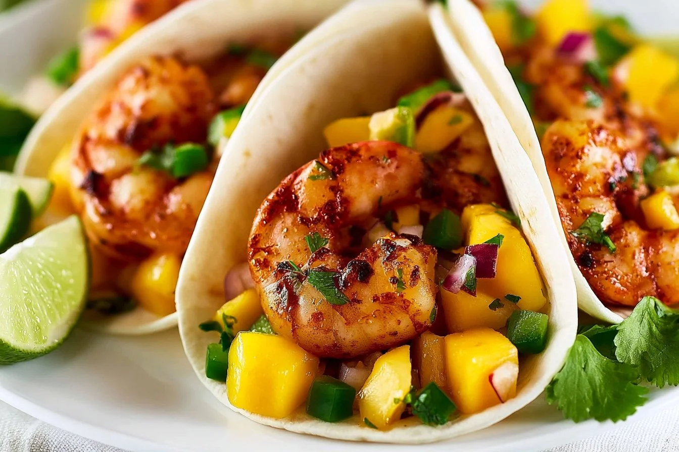 Blackened shrimp tacos garnished with colorful dragonfruit salsa