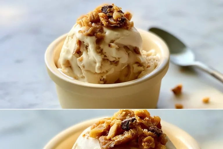 Delicious bowl of Butter Brickle Ice Cream topped with crunchy toffee bits.