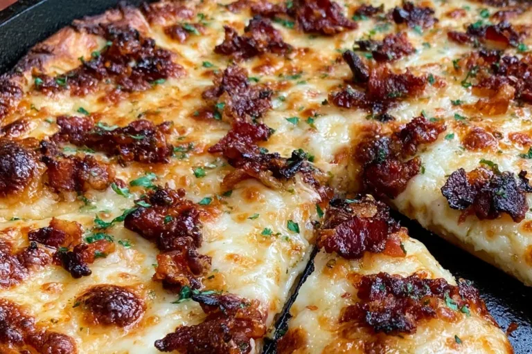 Delicious Chicken Crust Bacon Alfredo Pizza with creamy Alfredo sauce and toppings