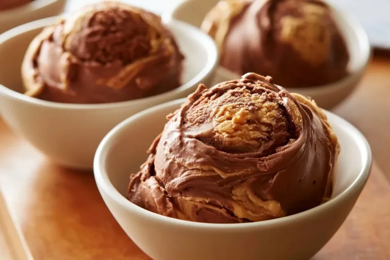 Scoop of chocolate peanut butter ice cream in a bowl