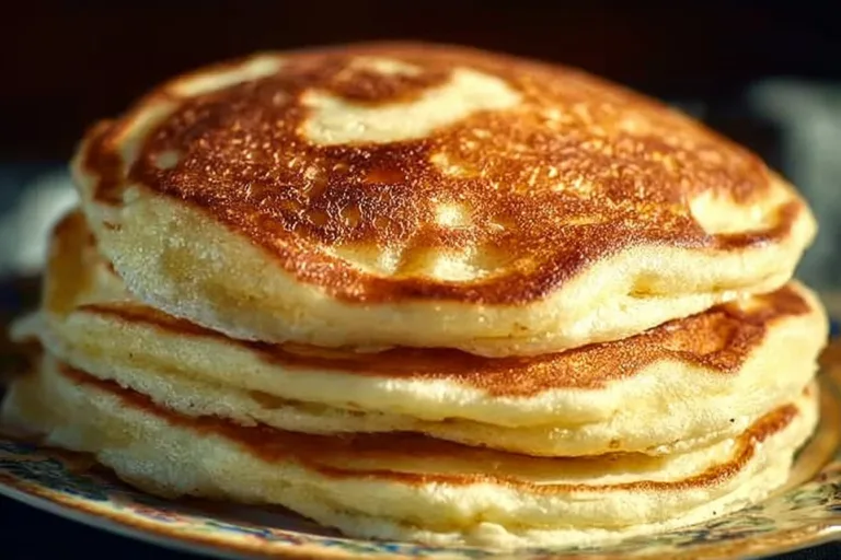 Fluffy coconut cream pancakes stacked with tropical garnishes