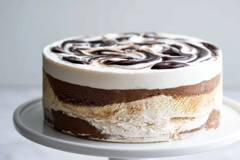 Delicious Coffee Ice Cream Cake topped with chocolate shavings.