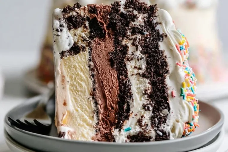 Homemade copycat Dairy Queen ice cream cake with chocolate and vanilla layers