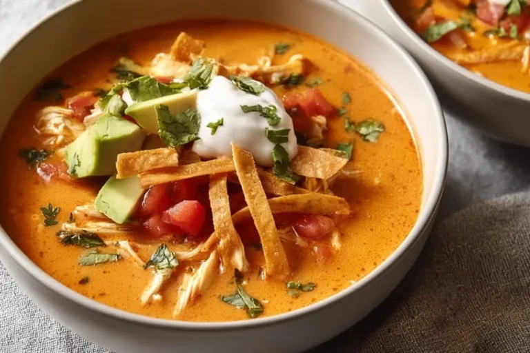 Creamy chicken tortilla soup garnished with tortilla strips and avocado